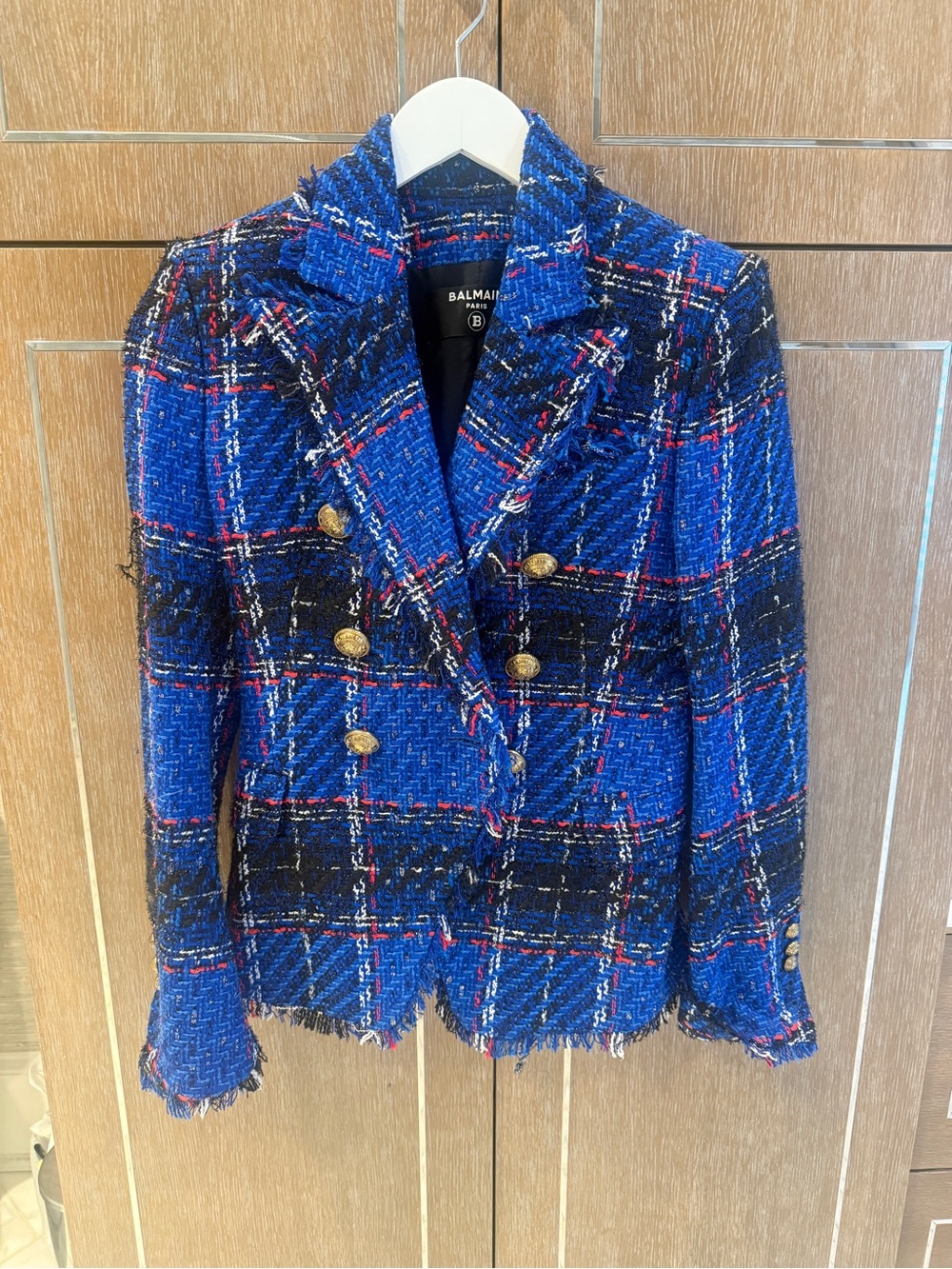 Balmain Blue and Black Tweed Double-Breasted Blazer with Gold Buttons